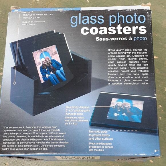Glass Photo Coasters Set of 4 with Solid Wood Holder NIB - Picture 3 of 7